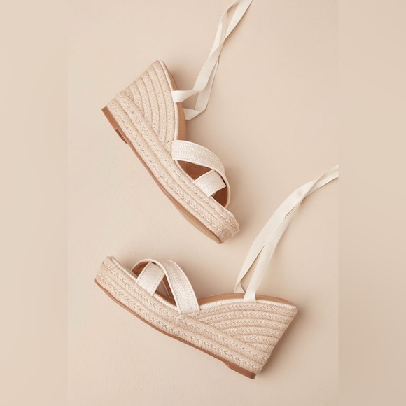 Lulus Robynne Natural Raffia Lace-Up Platform Wedges Size 9 - Picture 3 of 9
